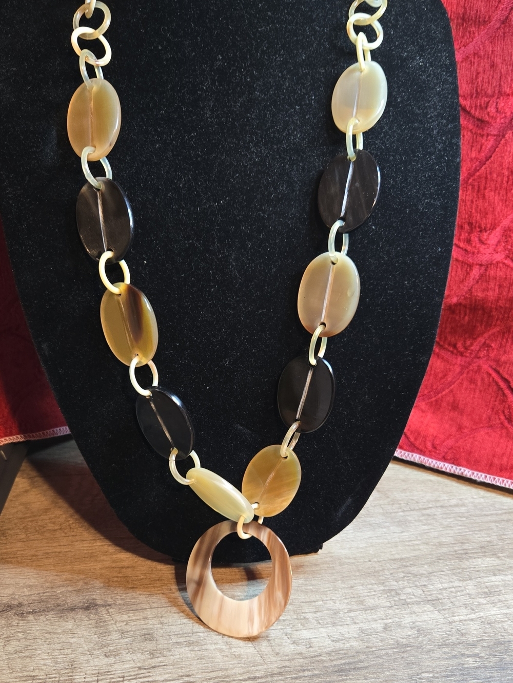 Natural Buffalo Horn Link Statement Necklace 36" Boho Large Circle Pendant